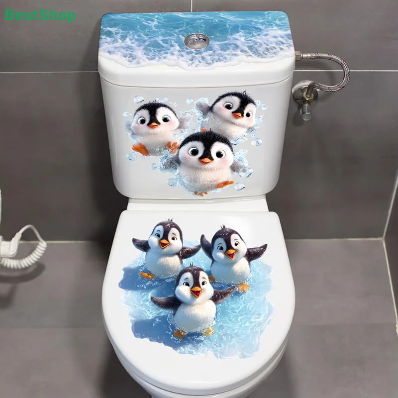 ♬ Schwimmender kleiner Pinguin Toilettenaufkleber, selbstklebend, wasserfest, Badezimmer-Dekorationsaufkleber, Aufkleber für den Toilettensitz