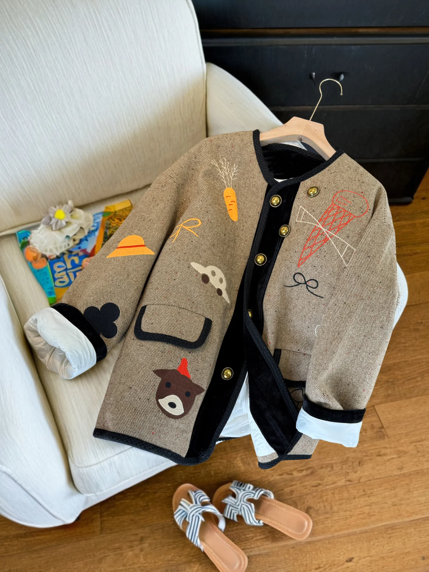 

Retro American Sle Women's Jaet Loose Fit Cartoon Print Color Blo Spring Autumn High End Manner Open Cardigan Top