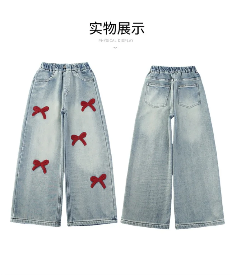 Winter-Jeans aus Lammfell für Mädchen, 4-14 Jahre, Teenager-Mädchen, Jeanshose mit integrierter Schleife und Fleece, lockere Herbst-Jeanshose für junge Mädchen – Detail 15