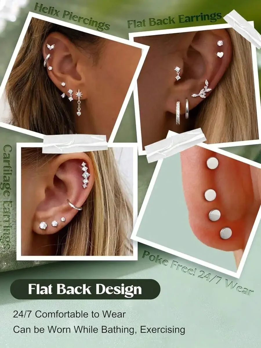 

12 Pairs Hypoallergenic Flat Back Earrings For Helix Cartilage Tragus Conch Daith Stacking Jewelry