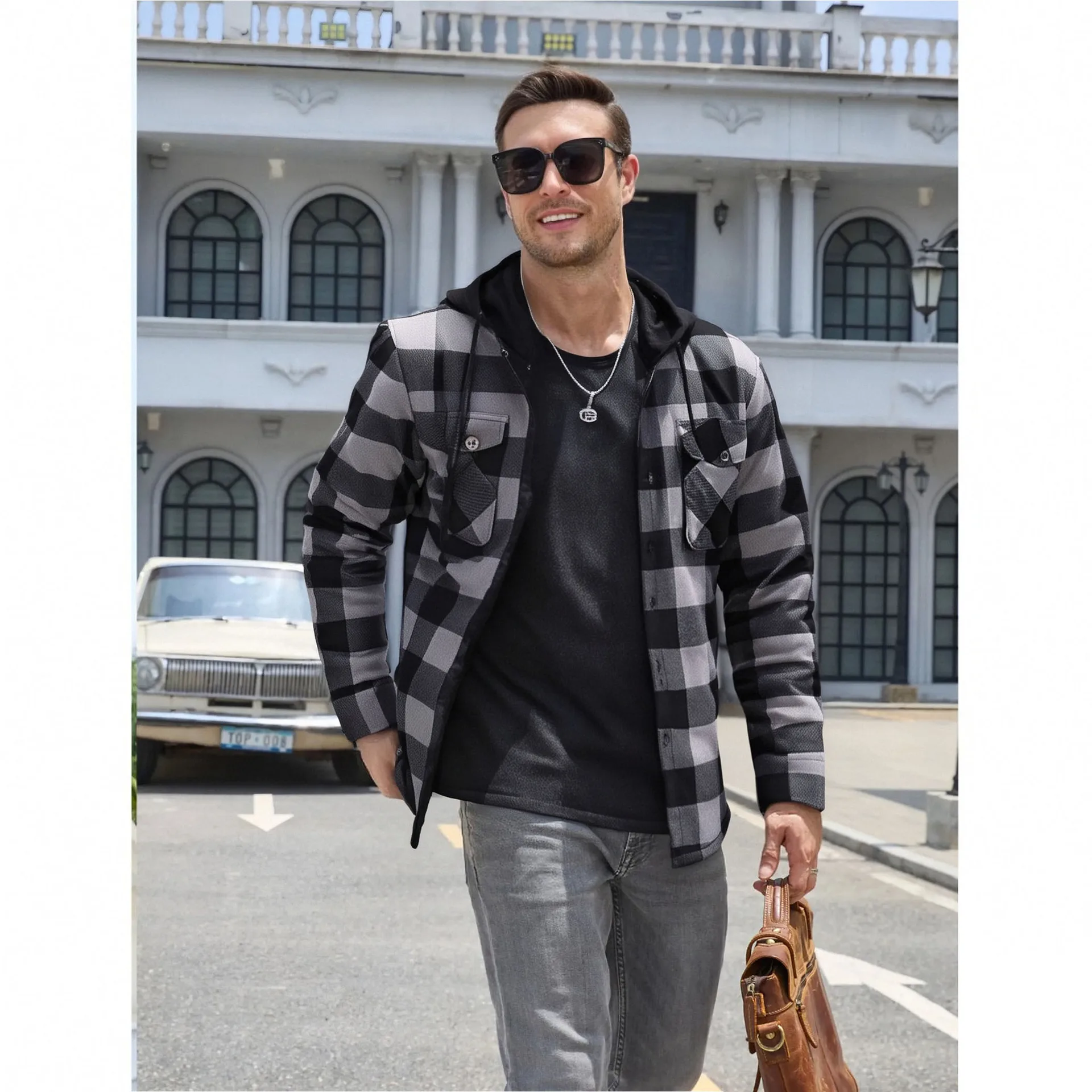 2025 New Style Men's Casual Hooded Sweatshirt, Large Size Men's Clothing, Warmth for Autumn and Winter, Flannel Check Shirt