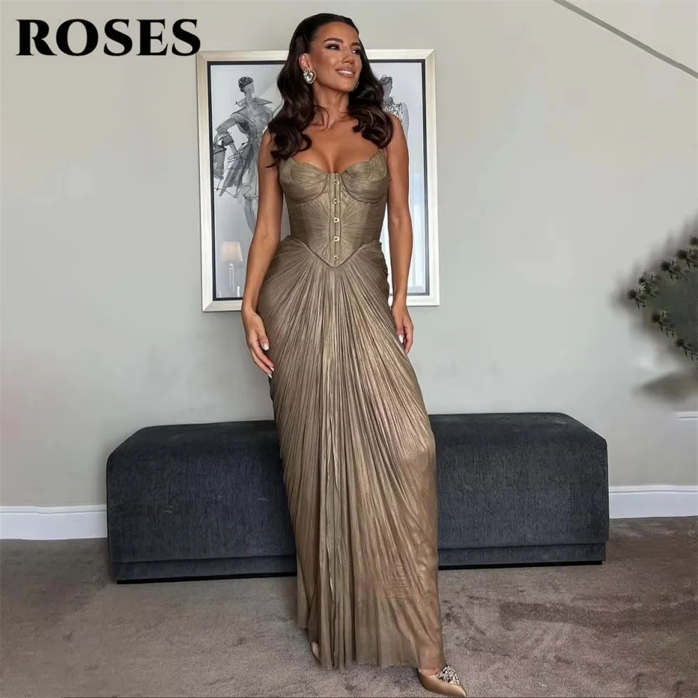 

ROSES Brown Party Dresses Spaghetti Strap Sleeveless Evening Dresses A Line Pleated فساتين السهرة Simple Customized