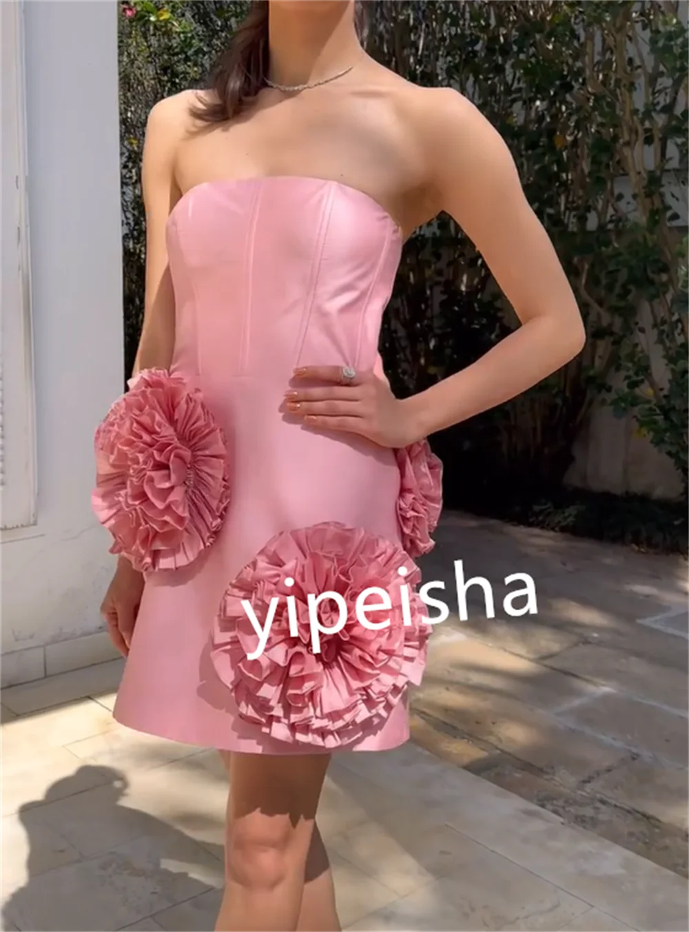 Customized Jersey Flower Engagement A-line Strapless Bespoke Occasion Gown Knee Length Dresses