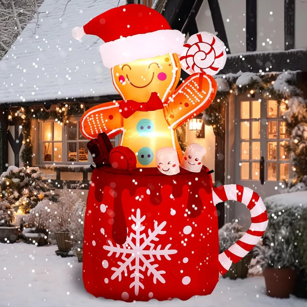 

Christmas Inflatable 6 FT Gingerbread Outdoor Decorations Cute Blow Up Gingerbread Man in Hot Cocoa Mug Christmas Inflatable