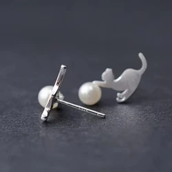 REETI 925 sterling silver Cat pearl asymmetric Stud Earrings for Women Elegant Wedding Jewelry pendientes mujer moda Brincos