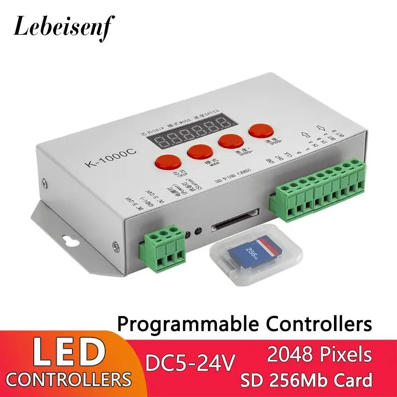 K-1000C(T-1000S Updated) Program 2048 Pixels Controller for APA102/SK6812/WS2812B/WS2813/SK9822 DC5~24V IC strip pixel light