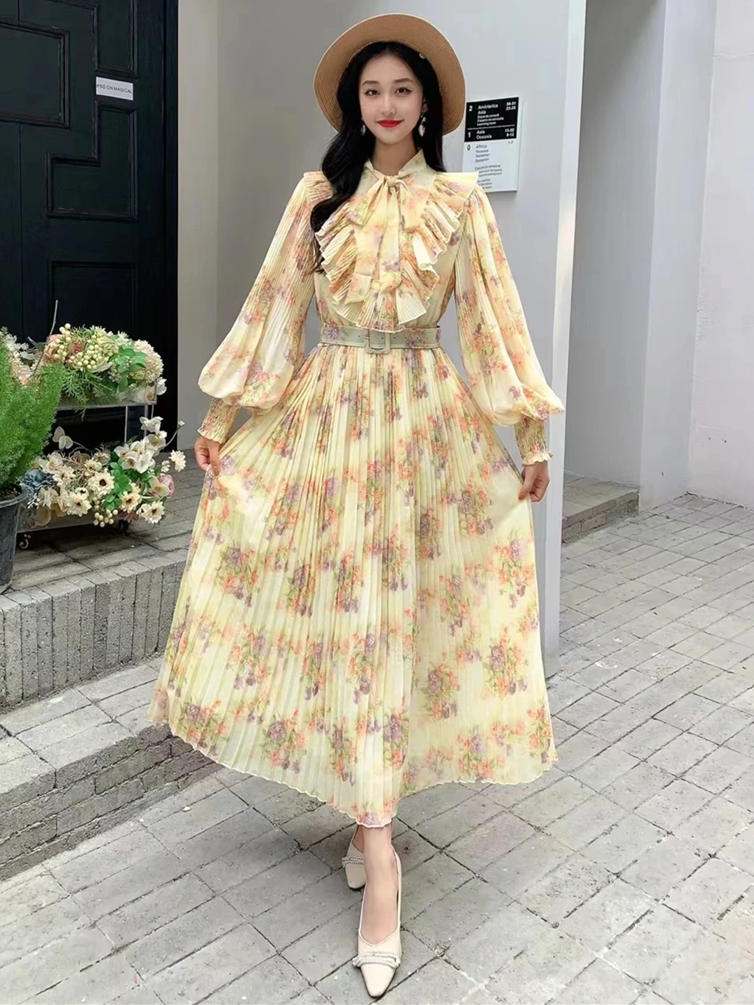 2024 New Spring Autumn Women Bow Collar Long Sleeve Belt Slim Long Dress Sweet Ruffles Pleated Big Hem Chiffon Floral Dress