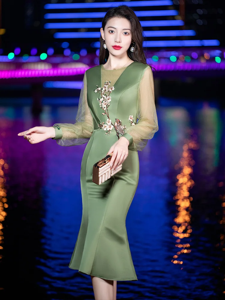 Evening Dress Women Formal Occasion Celebrity Fishtail Medium Length Temperament High End Light Luxury Slim Fit Banquet