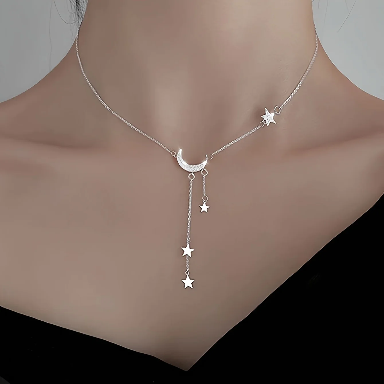 1 Exquisite Shiny Silver Tassel Star and Moon Necklace, Women's Clavicle Chain, Ladies Jewelry, Birthday Gift Accessory