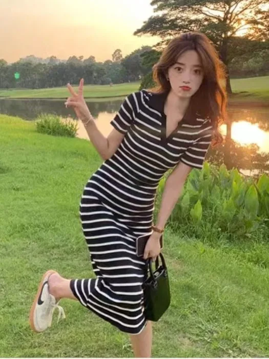 Zomer Dr Dames Casual Gebreid Slim Fit Reizen Vrije tijd Rok Gestreept Lang Dr Sexy Lady Sle f Open Kraag