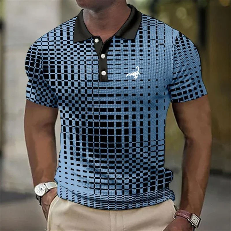 Men Summer Fashion Polo Shirt Slim Fit Short Sleeve Polo Shirt Casual Personality Men Polo Shirt Men lattice Tops Polo Shirt