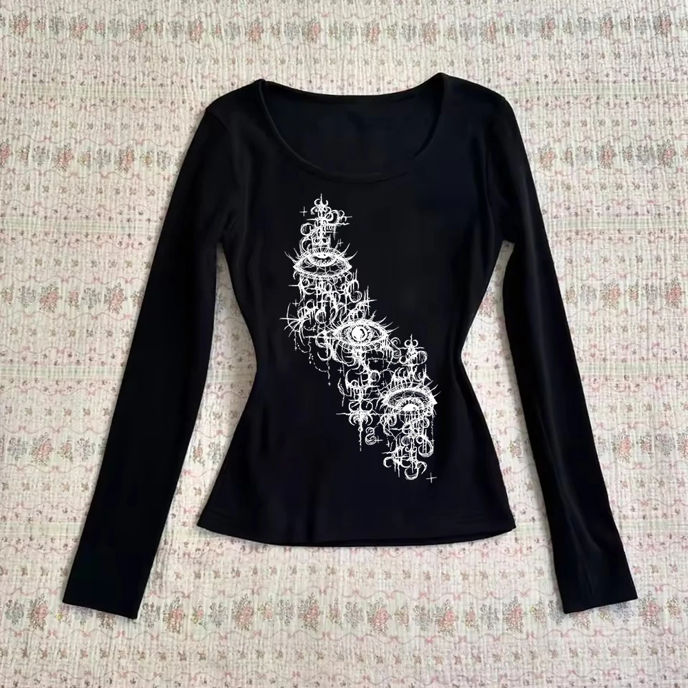Doux fleur graphique femmes t-shirts hauts Emo filles Sexy à manches longues gothique Punk imprimé à manches longues t-shirts vêtements de mode 2000s Kawa