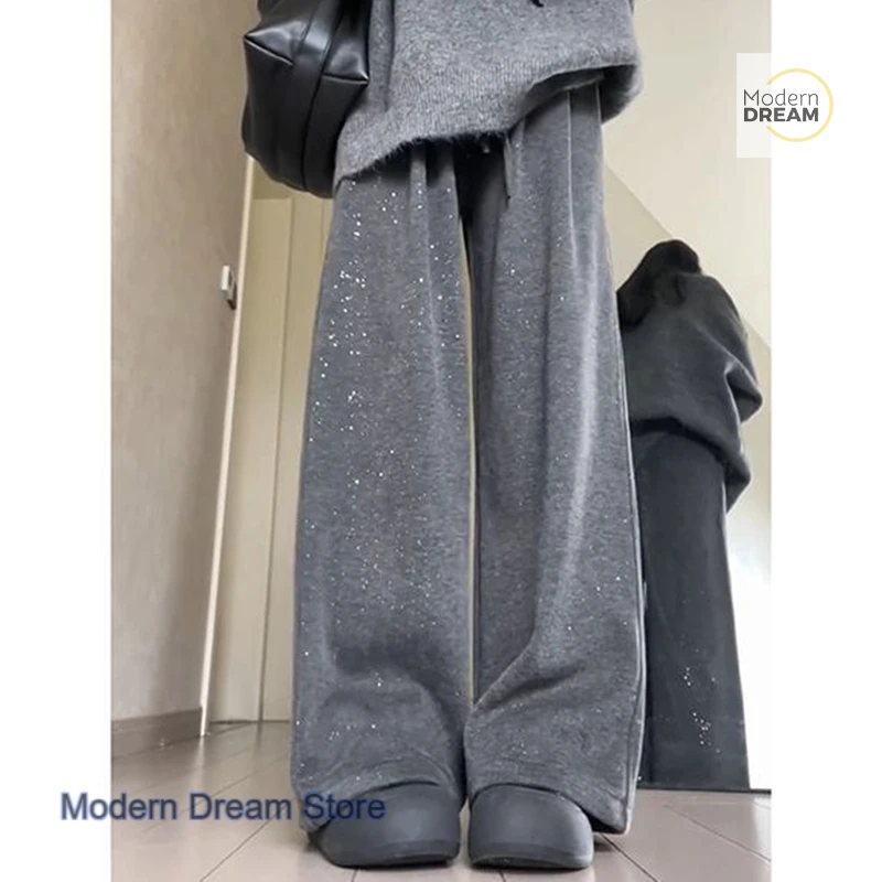 Korean style grey rhinestone glutinous rice pants women's spring and autumn new shiny design sense small casual wide-leg pants.