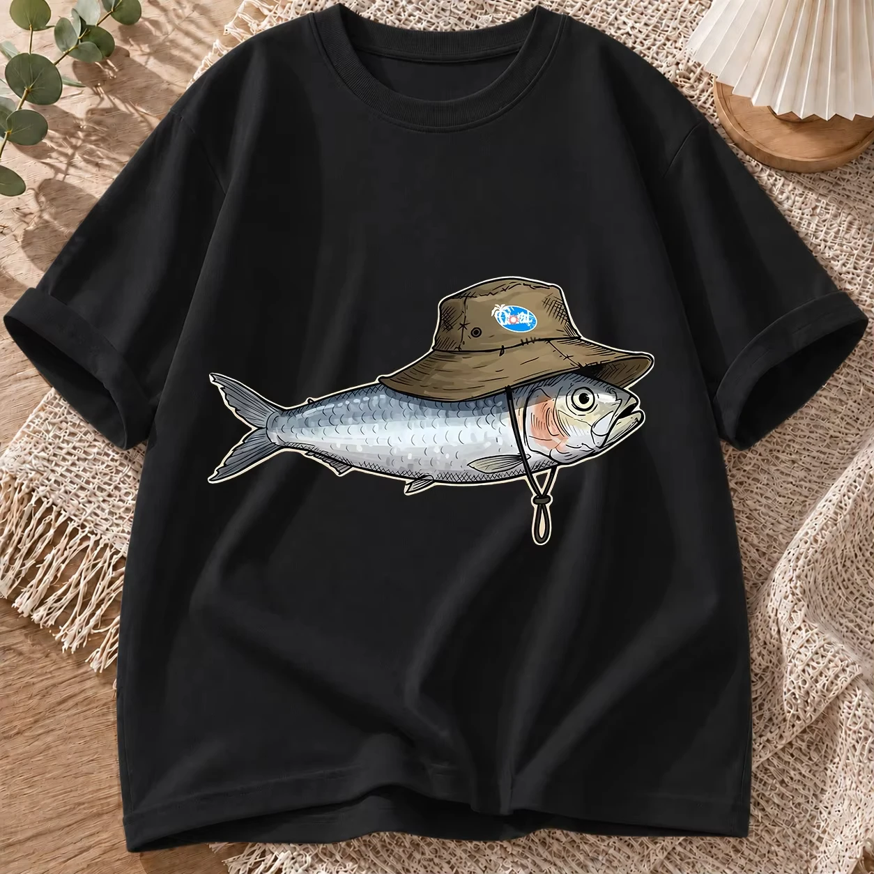 2026 New Pure Cotton Women T-Shirt 'Fish Wearing A Fishing Hat' Fun Fishing Print Crew Neck Short-Sleeve Casual Top