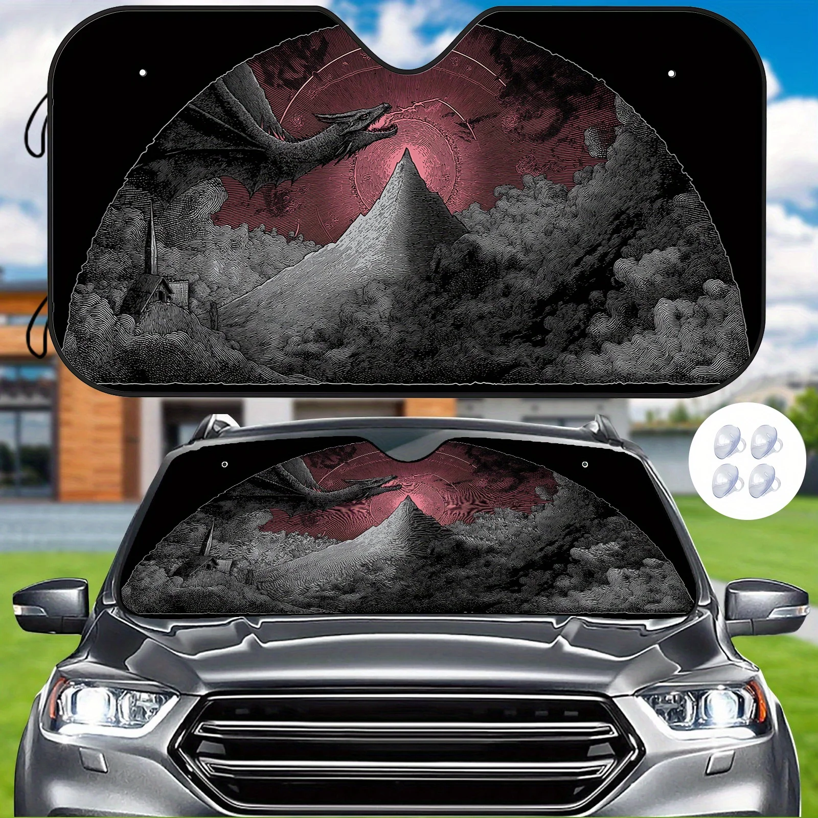 

Fit Dark Dragon Flame Mountain Sun Visor - Heat Insulation & UV Protection Car Accessory With Suction Cups, Fantasy-Themed Car I