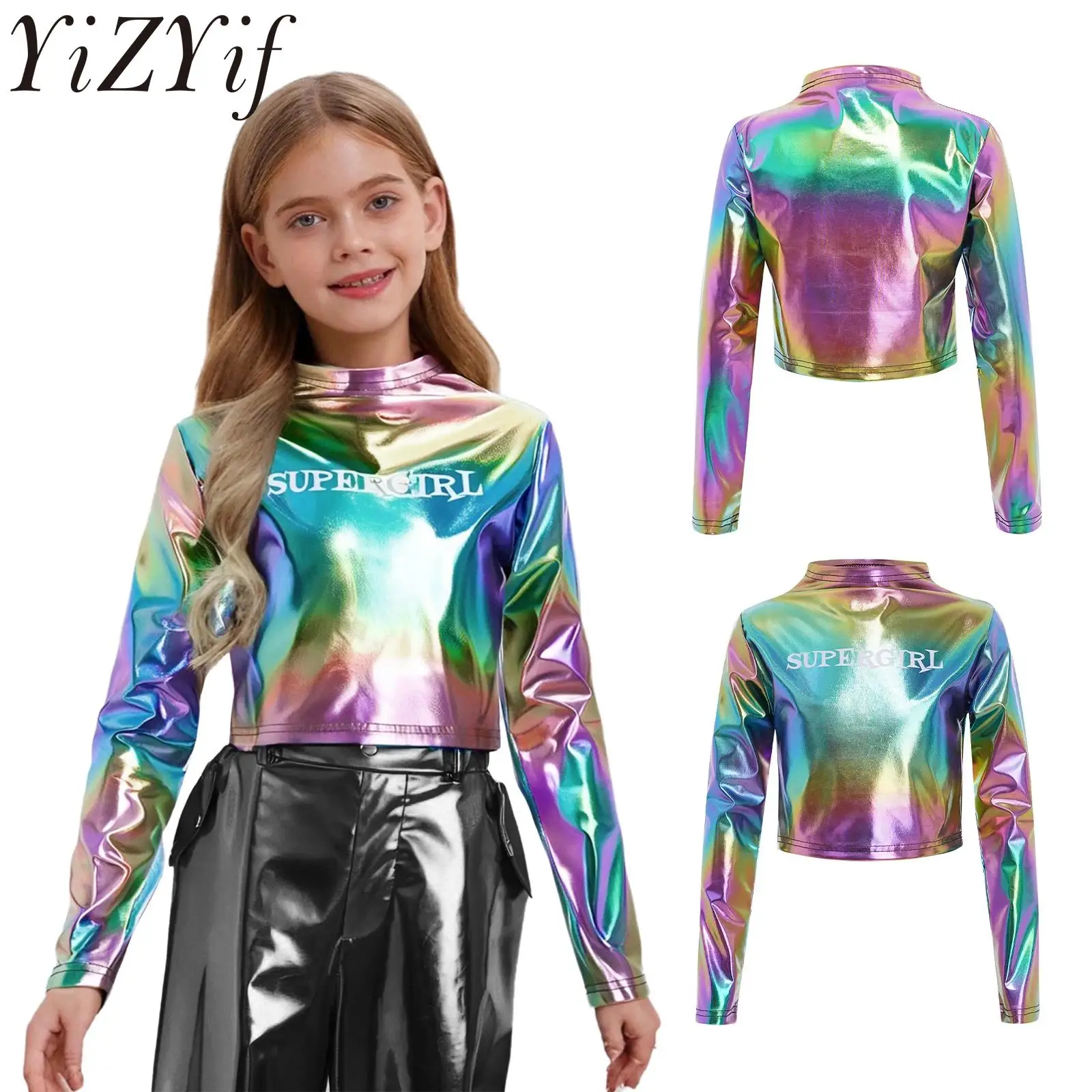 เสื้อครอปแขนยาวพิมพ์ลายตัวอักษรสำหรับเด็กผู้หญิง แนวฮิปฮอป แจ๊สแดนซ์ คอทรงกลม แต่งกลิตเตอร์ สำหรับการแสดง