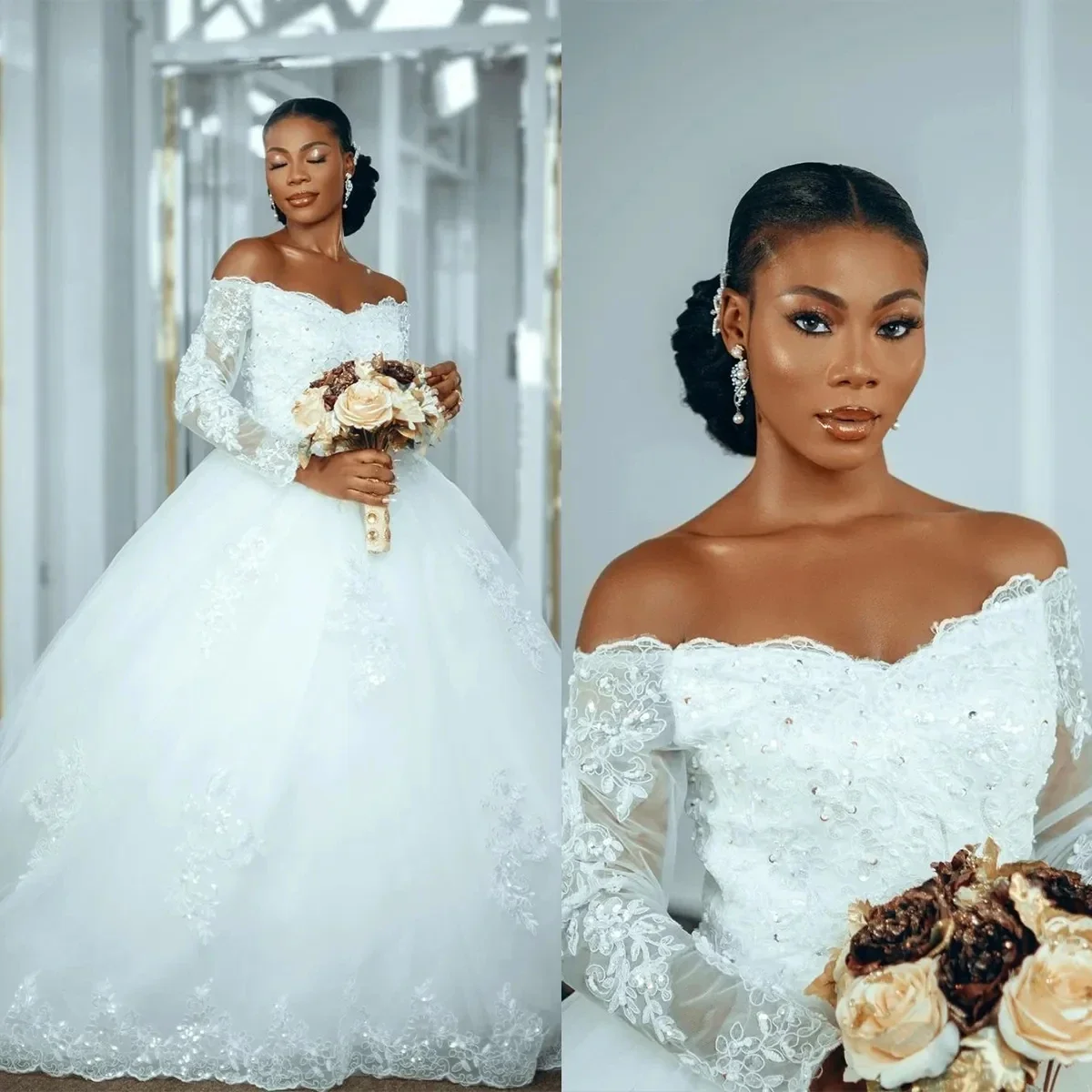 

Customized African Lace Appliques Ballgown Wedding Dress Vestidos De Novia Long Sleeve Vintage Off the Shoulder Bridal Dress