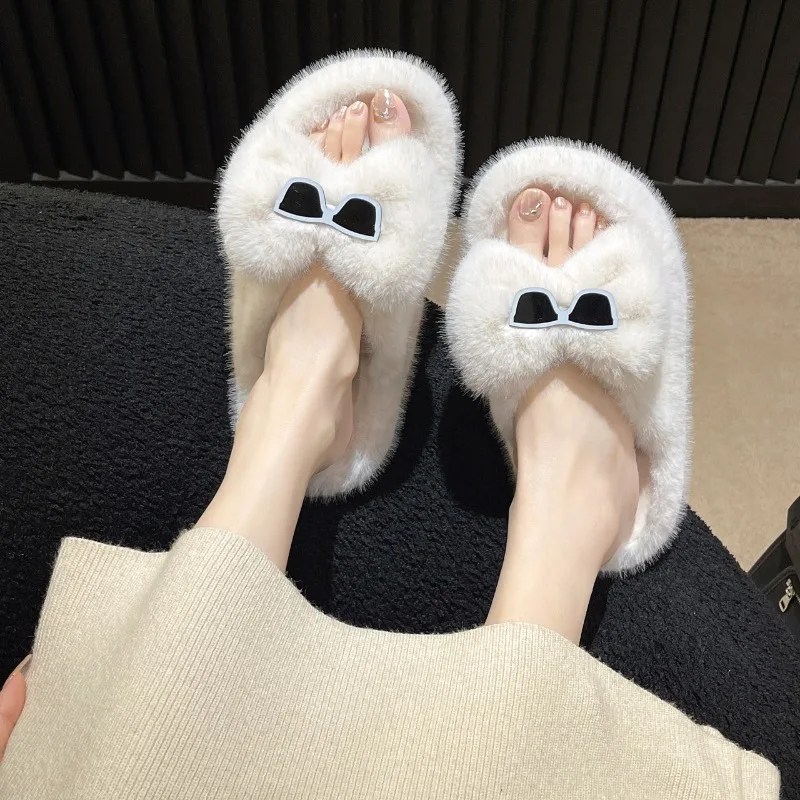 

Новинка 2024 года, милые плюшевые теплые тапочки с очками для женщин, осенние и зимние домашние домашние хлопковые тапочки с толстой подошвой, одна линия