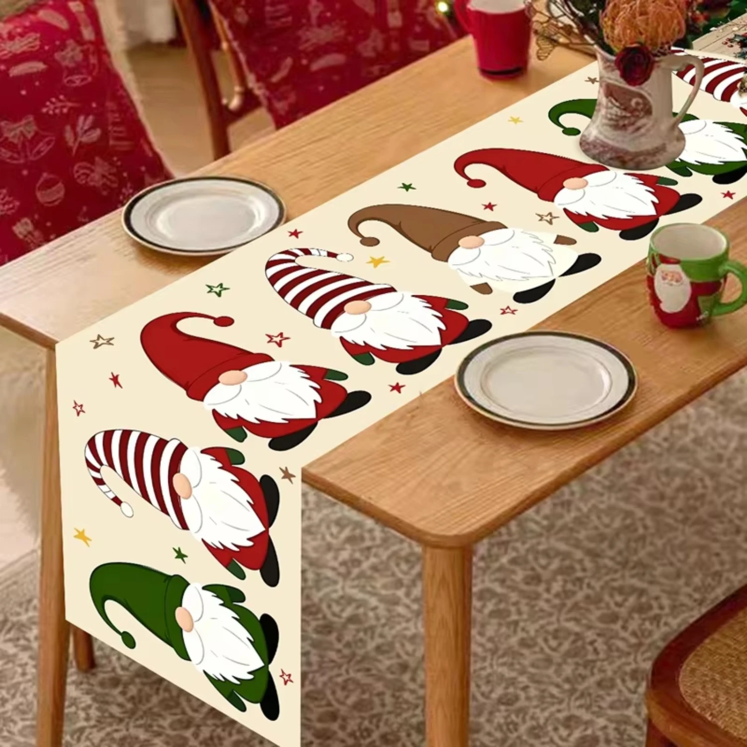 1pc Christmas Gnome Cute Print Table Runner For Xmas Holiday Dinner Party Family Banquet Dining Household Tabletop Decoration