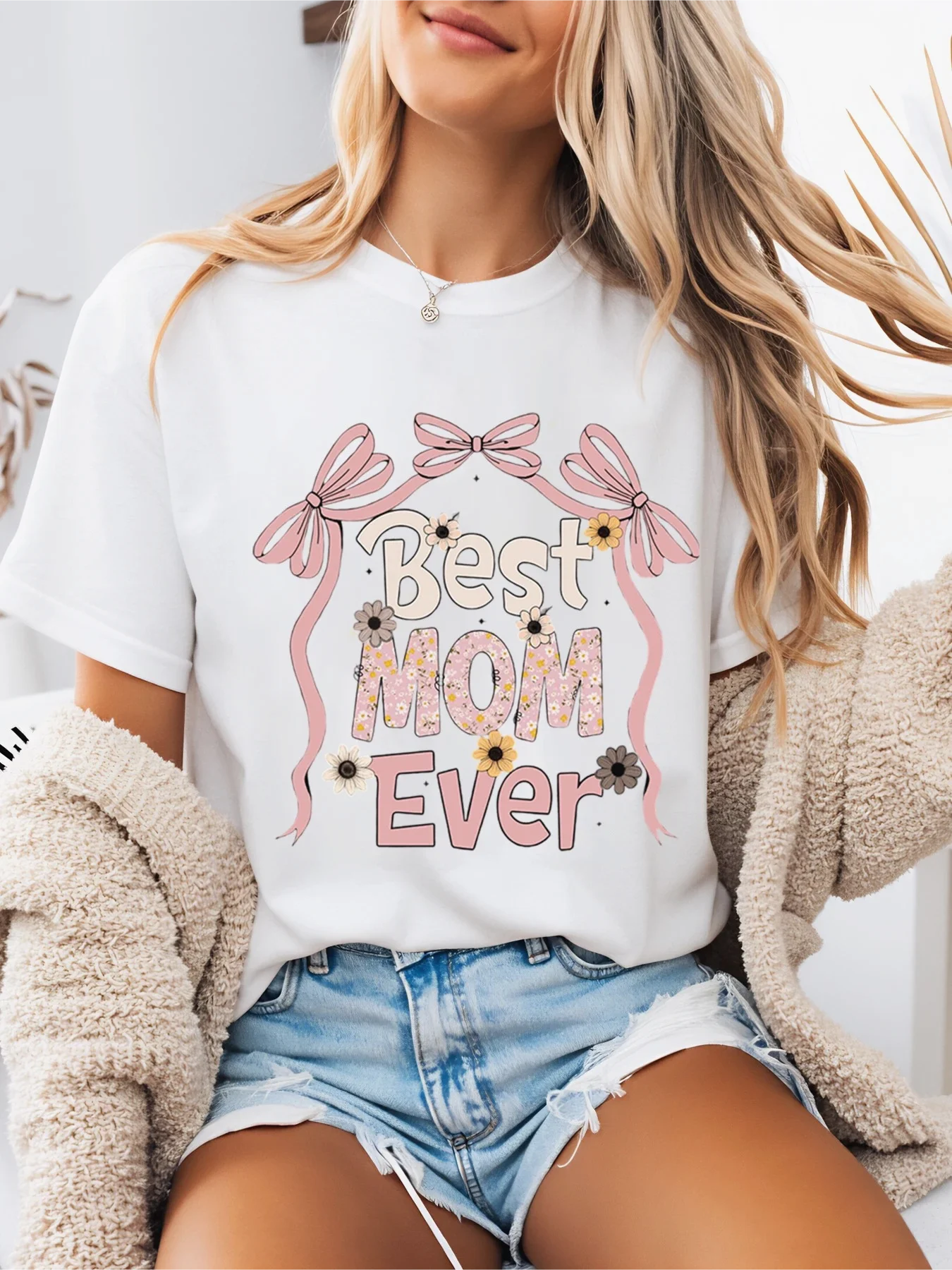 Best Mom Ever Pink Bow Flower Print T-Shirt Mother's Day Women's Casual Top for Home and Outing Fashion Harajuku Print Tee Shirt