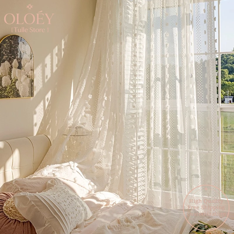 

Pastoral Sheer Lace Curtains Rustic Vintage White Luxury Lightweight Drapes for Bay Window Balcony Living Room Bedroom Decor