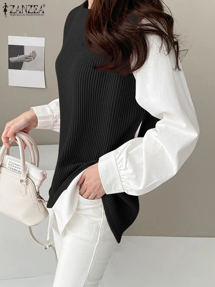 ZANZEAเกาหลีแฟชั่นเสื้อแขนยาวลําลองPatchworkผู้หญิงถักเสื้อฤดูใบไม้ร่วง2024ปลอม2ชิ้นเสื้อยืด