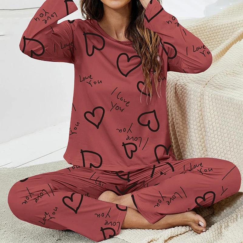 Women\'s Heart Print Pajamas Pj Set Autumn Long Sleeve Tops & Elastic Waistband Pants Loose Soft Comfortable Casual Home Clothes