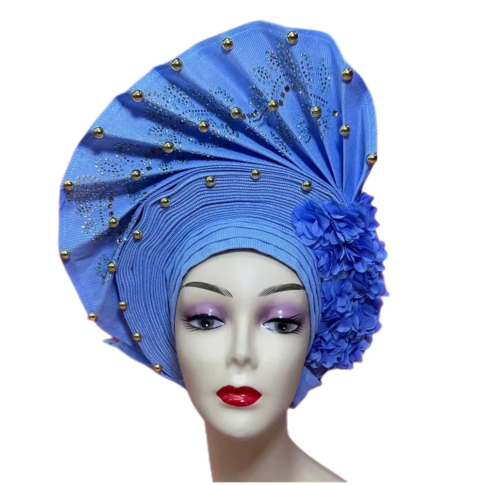 Latest Beautiful Purple Nigerian Gele Headtie Aso Oke Gele Already Made Auto Gele Aso Turban Cap With Beads For Party 1 Set