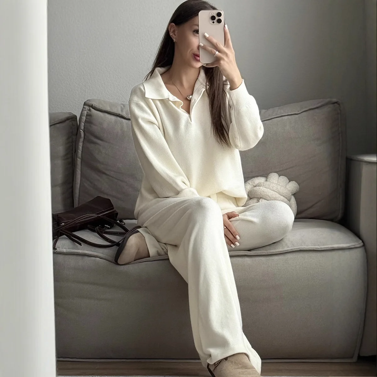 

Осень-зима, свободные вязаные однотонные широкие брюки, комплект из двух предметов, повседневный модный женский длинный свитер с воротником свека