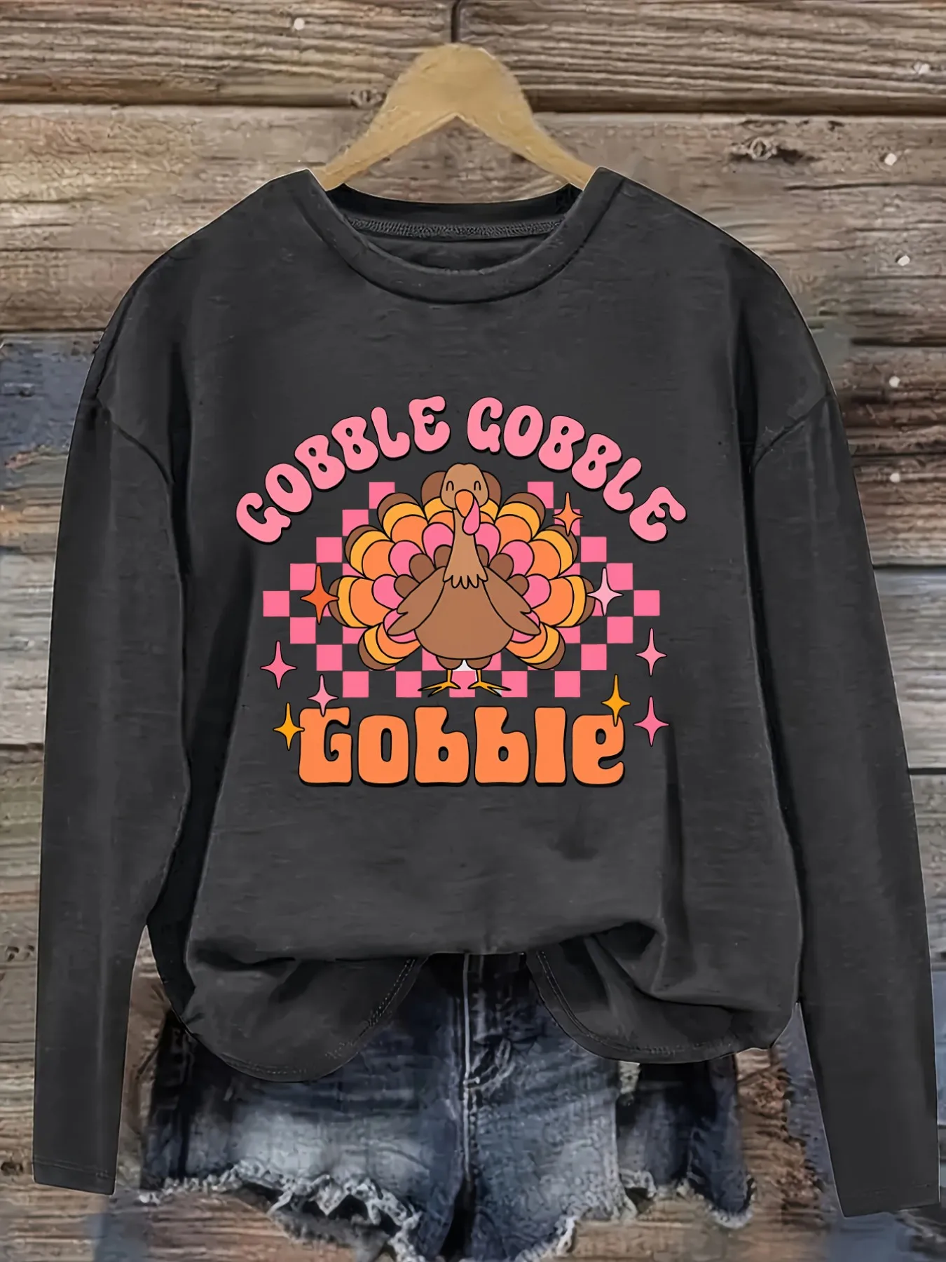 Women's Casual Long Sleeve Crew Neck T-Shirt Gobble Gobble Gobbie Turkey Print Design, Round Neck Women's Clothing, Machine Washable, Slightly Elastic, Loose Fit, Spring Autumn Winter Women's T-Shirt, Halloween Costume Outfit