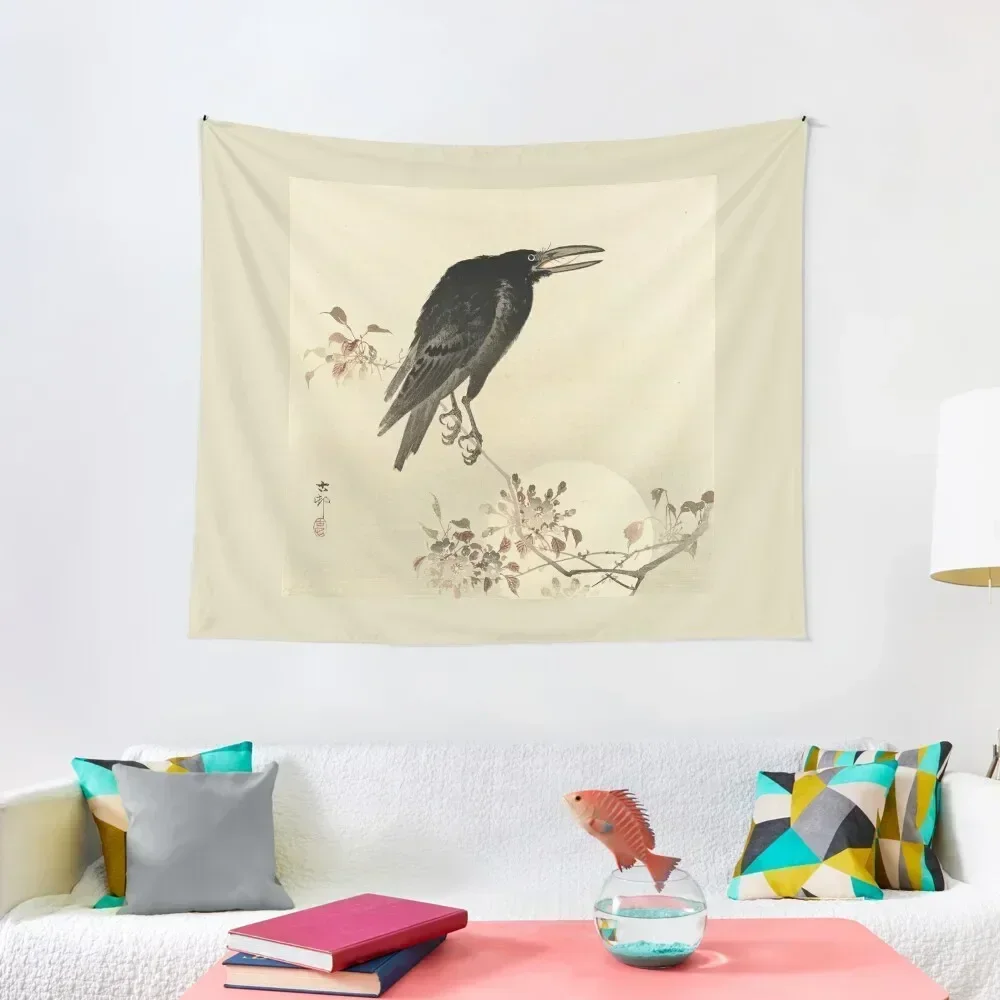 

Koson Ohara - Crow on flowering Cherry Branch at Full Moon Tapestry Decor For Bedroom Room Decore Aesthetic Tapestry