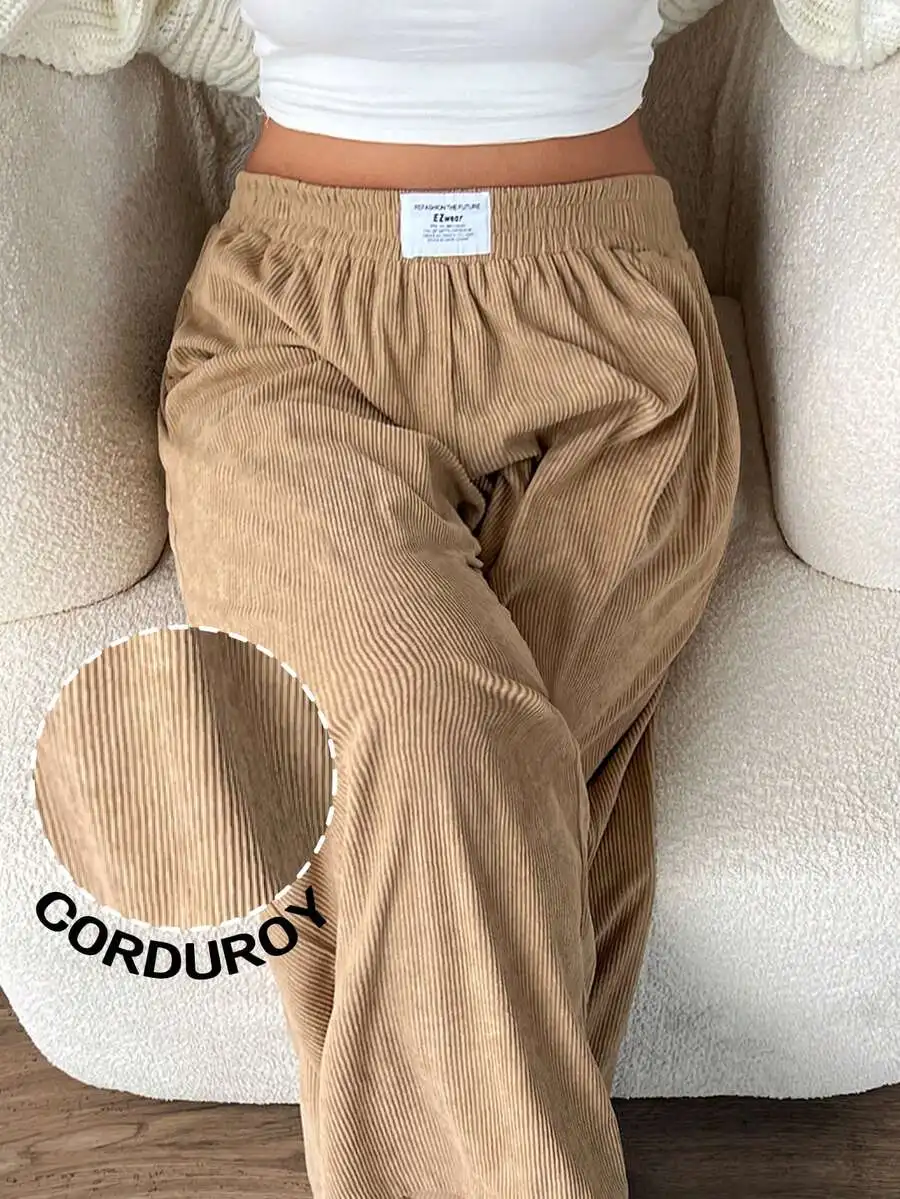 

Plus Size High Waist Loose Flare Corduroy Pants with Pockets, Autumn Winter Casual Wear