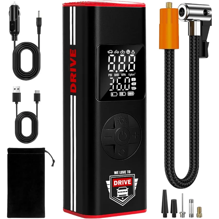 ضاغط هواء كهربائي محمول 12 فولت تيار مستمر لمنفاخ إطارات السيارات مع أقصى ضغط 150 رطل لكل بوصة مربعة ومقياس ضغط الإطارات المدمج
