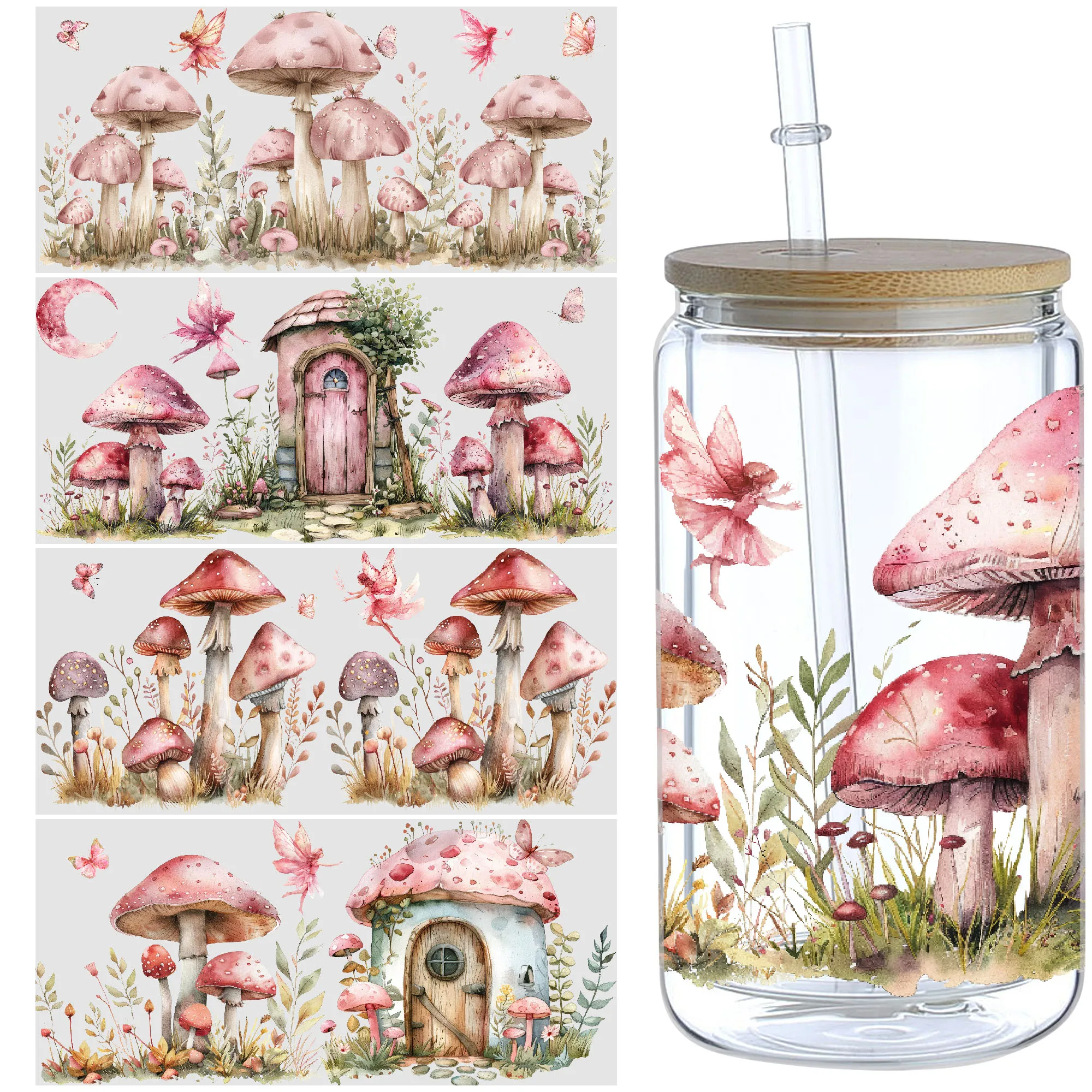 5 Sheets Mushroom Forest UV DTF Cup Stickers, DTF Transfer Stickers, Waterproof Wipeable Transfer Paper for 16 Ounces Glass Cups