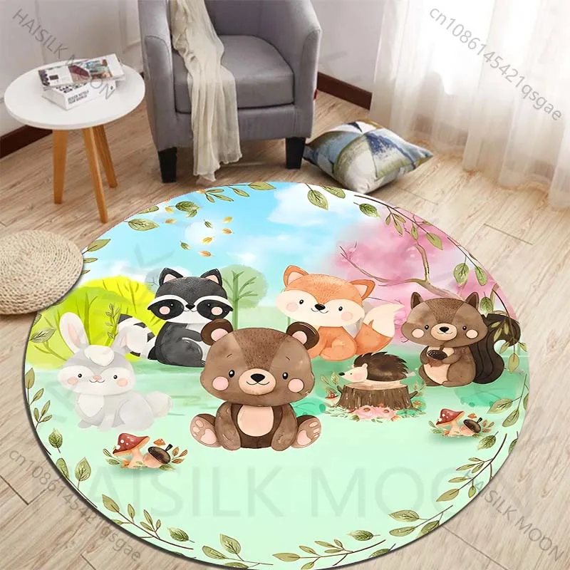 Cute Animal Forest Gathering Illustration Printed round carpet living room sofa table carpet large pet mat soft round carpet
