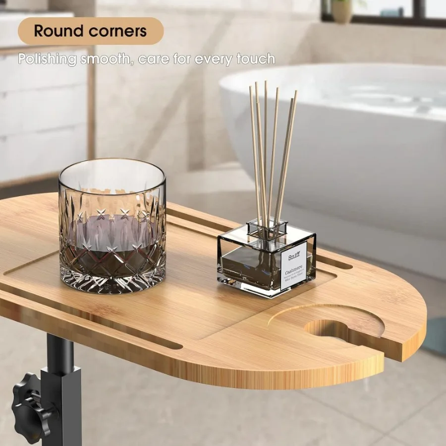

Bamboo Bathtub Tray Table Bath Side Table with Metal Base Adjustable Height Portable Freestanding Caddy Tray Tub Shelf for Luxu