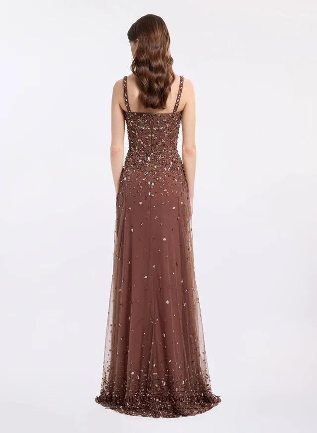 Wishah Customized 2026 A Line Elegant Sparkling Dark Brown Beaded Tulle Evening Dress Square Neck Spaghetti Straps Formal Gowns