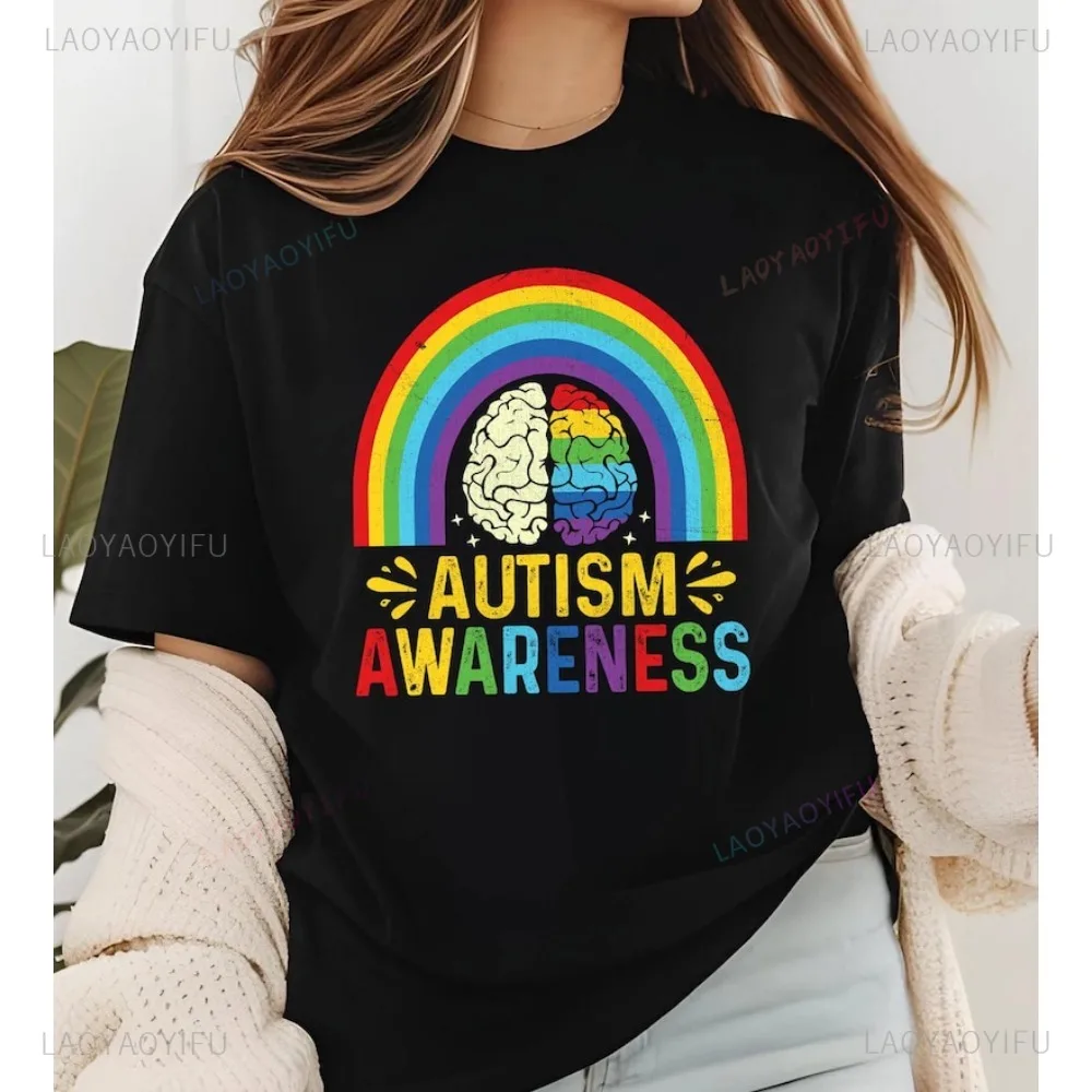 

Неородизие, включение, осведомленность об аутизме, футболка с радужным графическим принтом, хлопковая футболка с коротким рукавом, повседневная модная свободная мужская и женская футболка