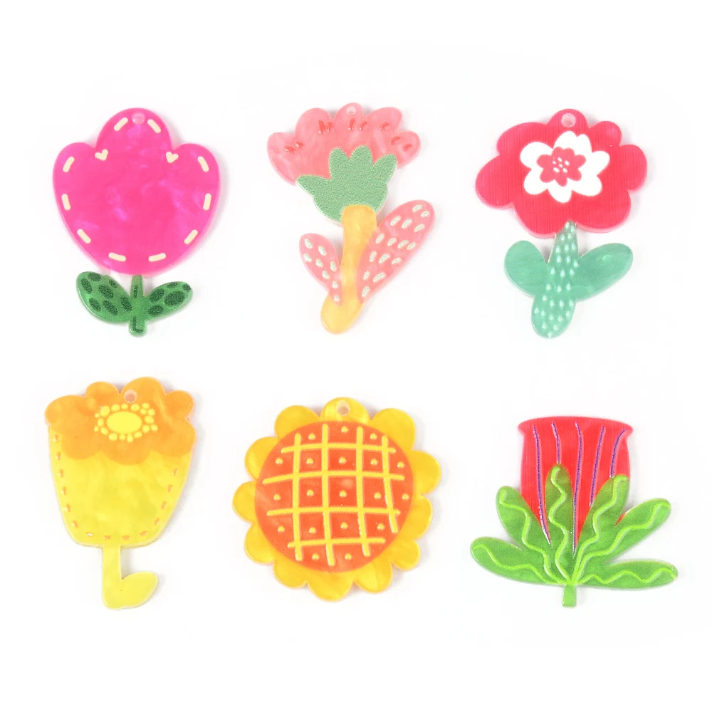6Pc Colorful Flower Shape Acrylic Preserved Fresh Hibiscus Flower Charms Natural Daisy Petal Specimen Pendant for Jewelry Making