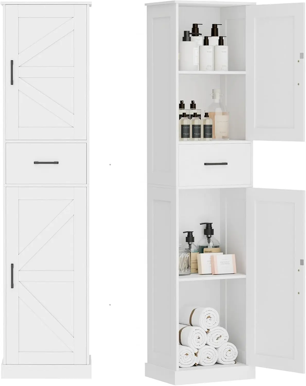 

65.7" H Tall Bathroom Storage Cabinet with 2 Barn Doors, Narrow Storage Unit, Floor Cabinet for Bathroom, Kitchen, White