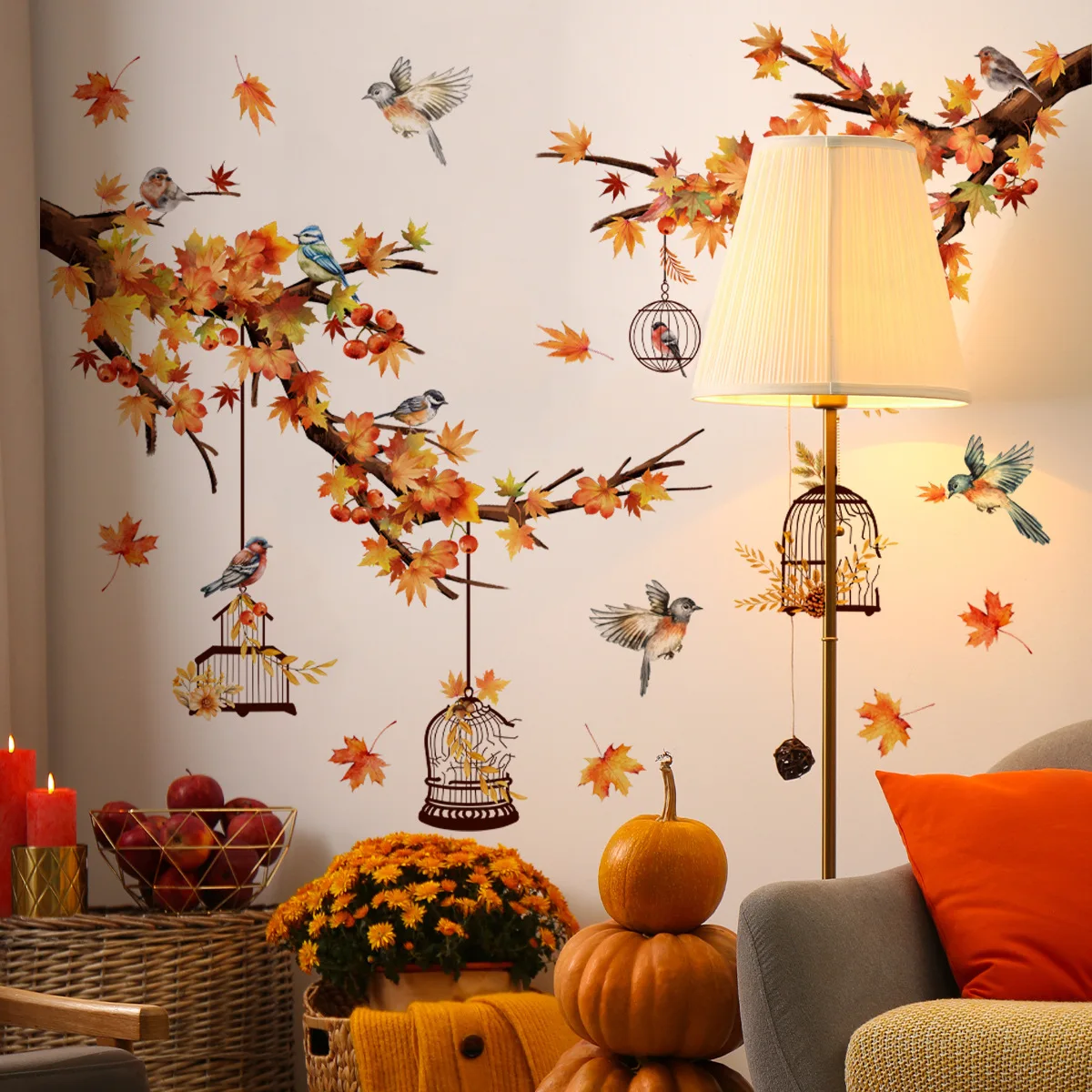 Autumn Branches Flowers Birds Wall Sticker Living Room Background Decor Bedroom Decoration Self-adhesive Home Beautify Wallpaper