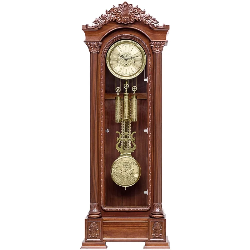 Retro mechanical wooden floor clock with automatic chime function for regular timekeeping