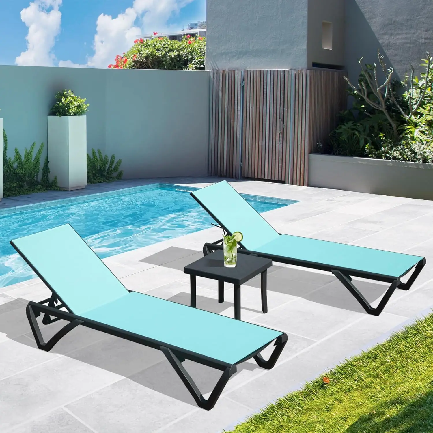 Chairs Set of 3 Aluminum Pool Chaise Lounge Side Table 5 Position Adjustable Backrest Wheels Lounge Chairs Pool Turquoise Blue