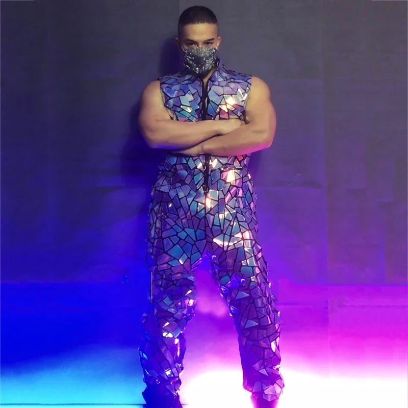 سيمفوني المرايا بذلة مثير القطب ملابس الرقص بار ملهى ليلي حفلة الرجال عدسة وزرة جوجو أزياء رقص الهذيان الزي XS2362