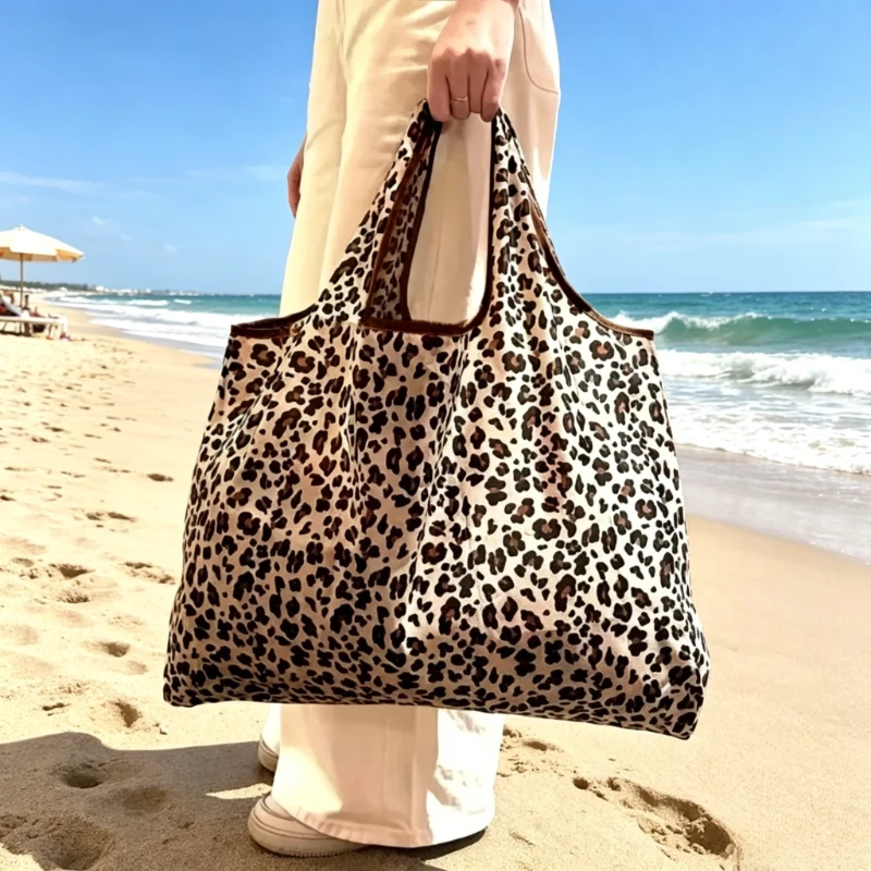 1pc Leopard Print Foldable Shopping Bag Large Reusable Tote Bag Polyester Handbag Durable Grocery Bag for Daily Use and Travel - view 2