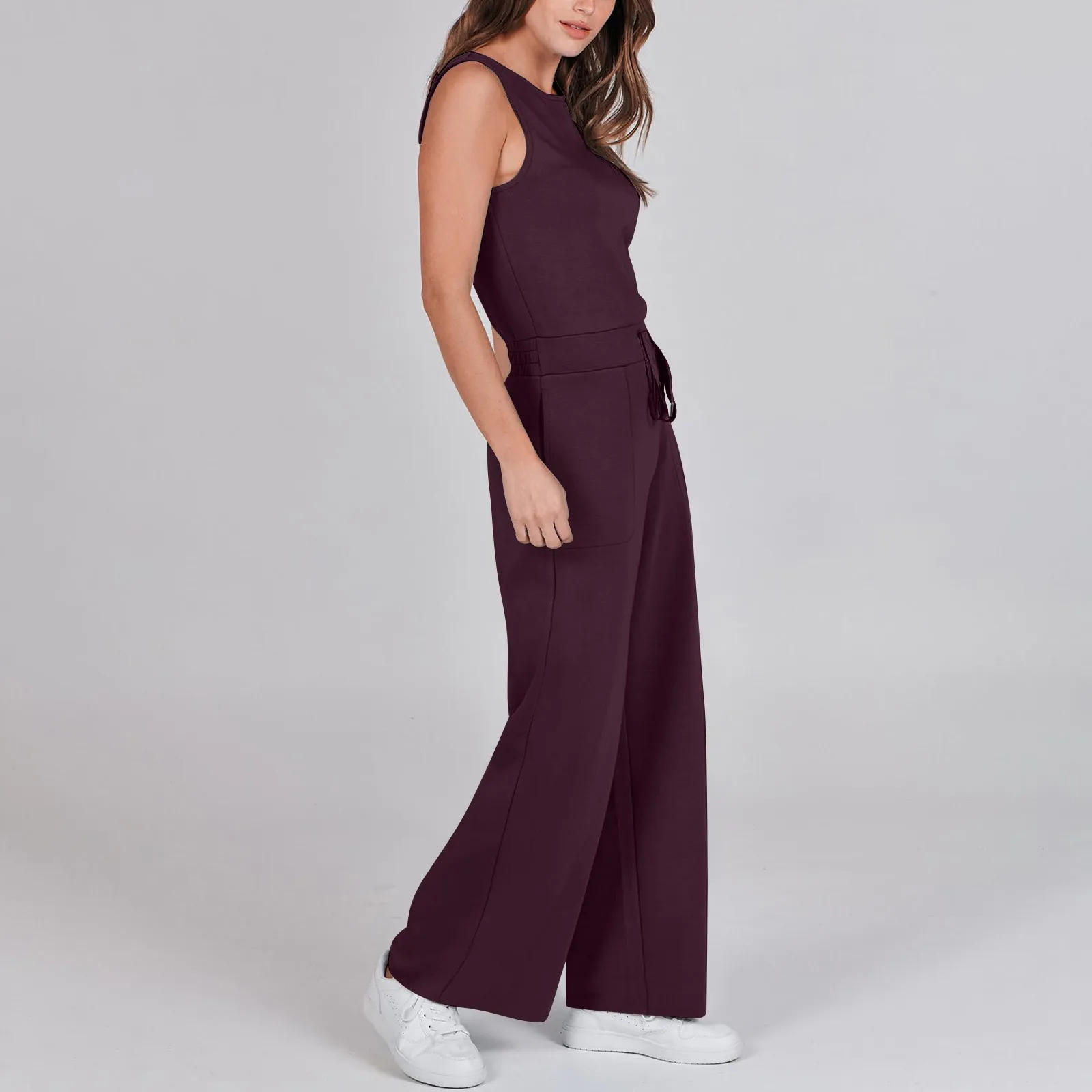 Frauen Tank Stram pler lässig vielseitig ärmellose solide Pendel Straight Tube Overalls Kordel zug Taille passende Overalls