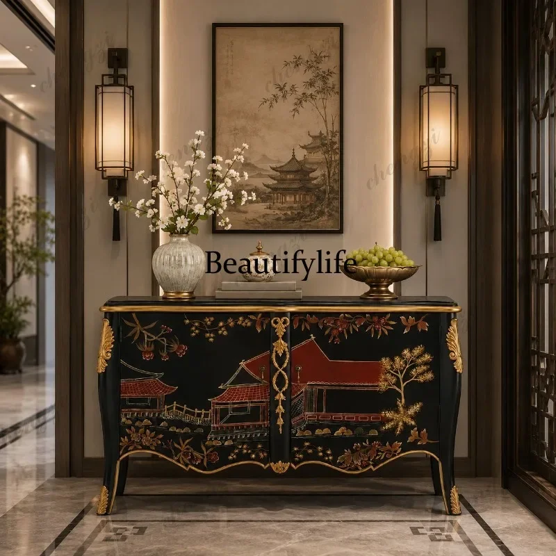 K153 French Chinese style entrance living room solid wood painted storage side cabinet, black storage decorative cabinet