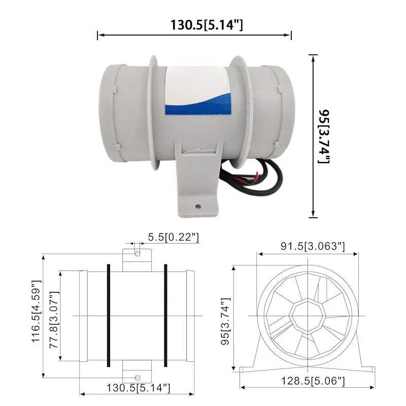 3-inch 12V Straight Tube Circular DC Fan, Yacht Exhaust Fan, Ship Accessories