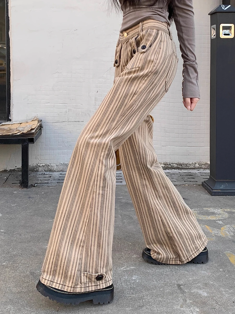 ReddaChic Grayu Y2k Striped Flare Jeans 90s Retro Low Waist Relaxed Bootcut Wide Leg Pants Bell Bottoms Korean Women Streetwear