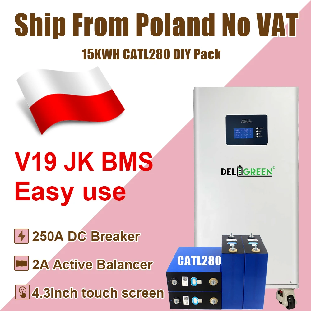 Poland Pre-sale 15KWH CATL280 JK V19 Kits Lifepo4 Battery 48V DIY Battery RS485 CAN 2A Active Balancer PCB 4.3LCD Tax Free